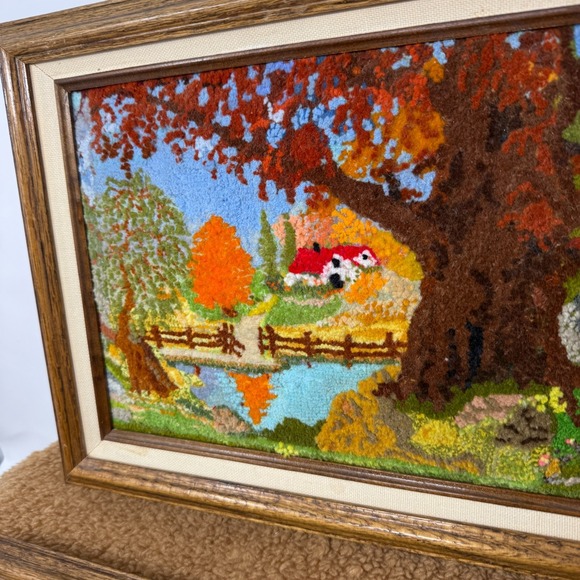 VTG 1980s Framed Custom Yarn Art Barn House Winter Fall - 9x13 Lot of 2 Crewel - Picture 5 of 10